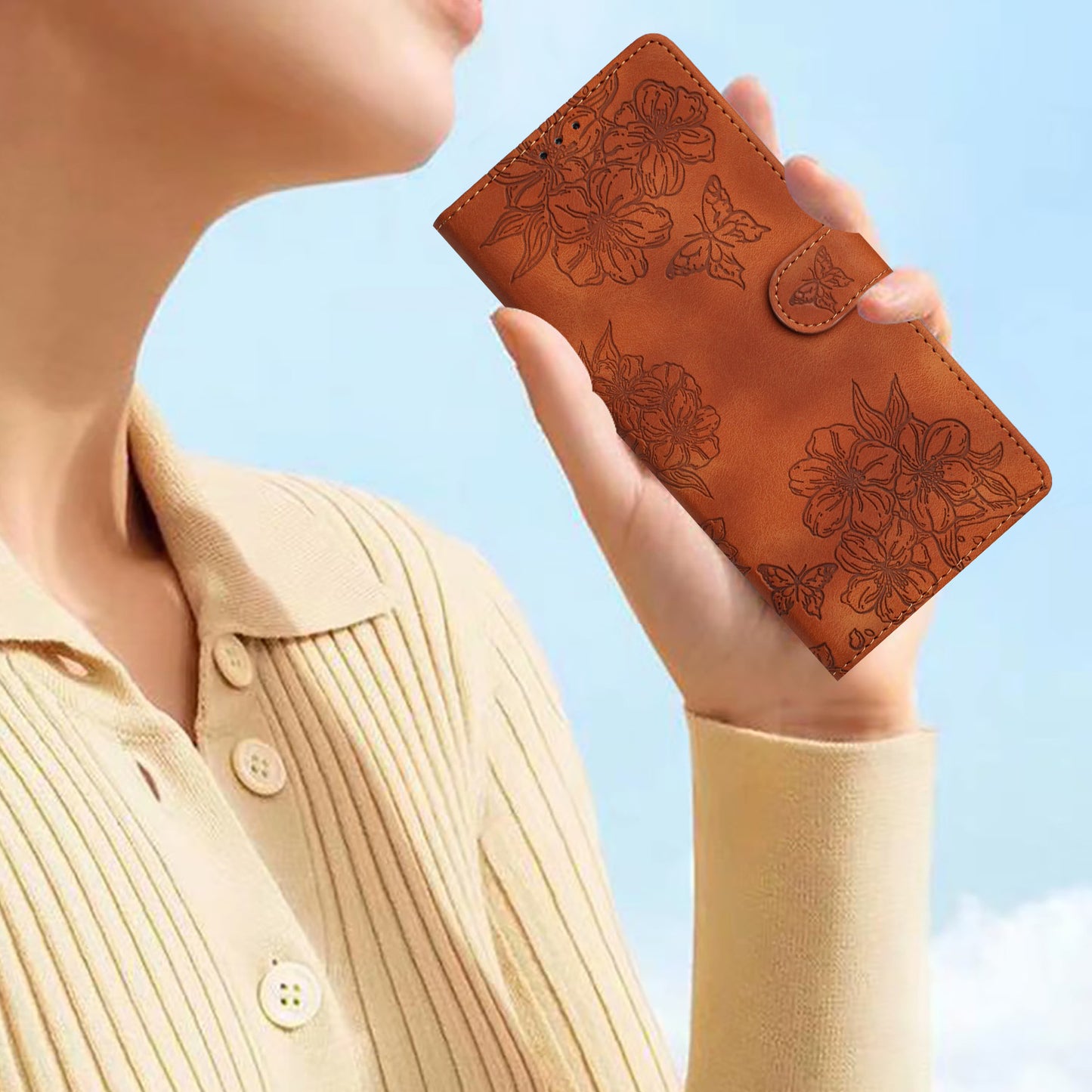 For Samsung Galaxy A06 Case Butterfly Flower Pattern Skin-Touch Leather Phone Cover - Brown