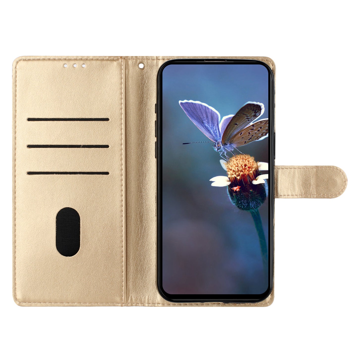 For Samsung Galaxy A06 Case Butterfly Flower Drop-Proof PU Leather Wallet Phone Cover - Gold