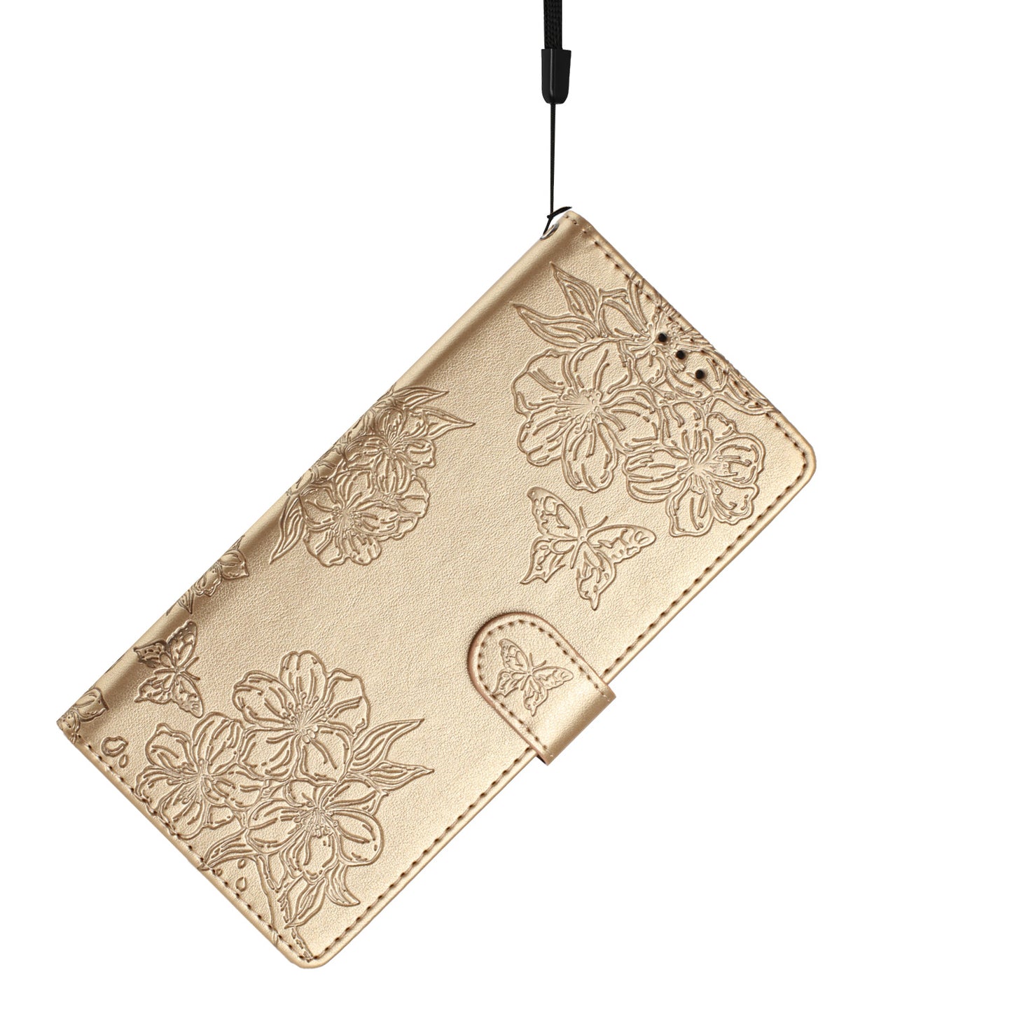 For Samsung Galaxy A06 Case Butterfly Flower Drop-Proof PU Leather Wallet Phone Cover - Gold
