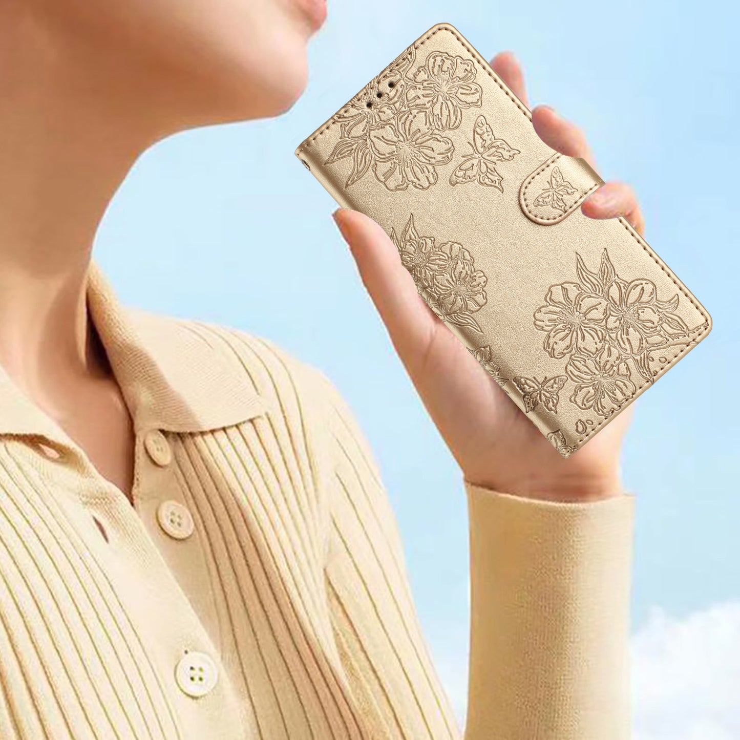 For Samsung Galaxy A06 Case Butterfly Flower Drop-Proof PU Leather Wallet Phone Cover - Gold