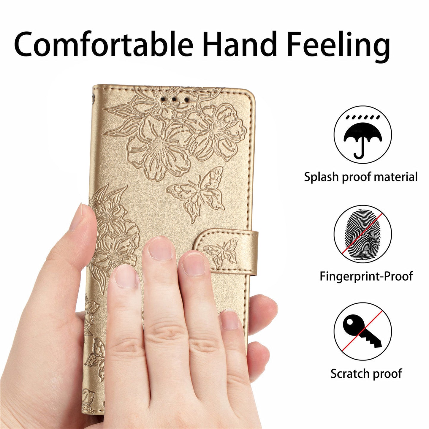 For Samsung Galaxy A06 Case Butterfly Flower Drop-Proof PU Leather Wallet Phone Cover - Gold