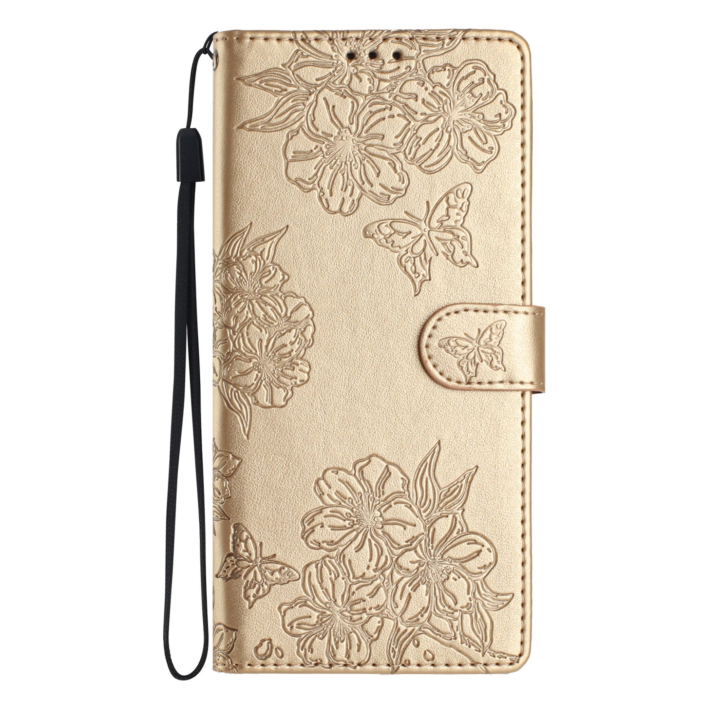 For Samsung Galaxy A06 Case Butterfly Flower Drop-Proof PU Leather Wallet Phone Cover - Gold