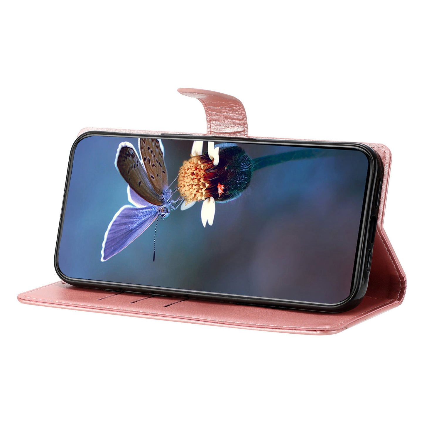 For Samsung Galaxy A06 Case Butterfly Flower Drop-Proof PU Leather Wallet Phone Cover - Rose Gold