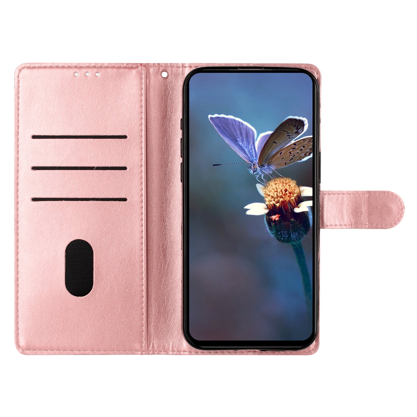 For Samsung Galaxy A06 Case Butterfly Flower Drop-Proof PU Leather Wallet Phone Cover - Rose Gold