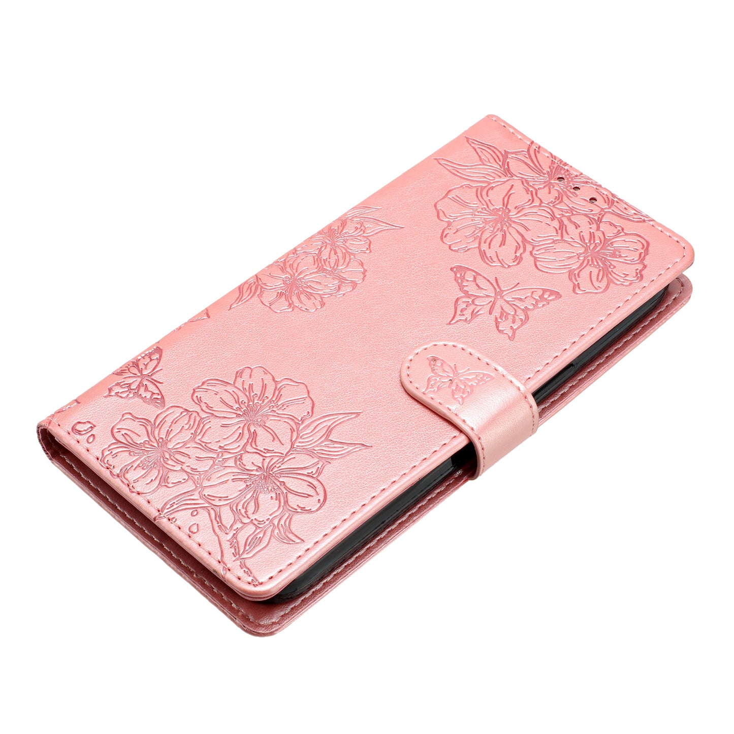 For Samsung Galaxy A06 Case Butterfly Flower Drop-Proof PU Leather Wallet Phone Cover - Rose Gold
