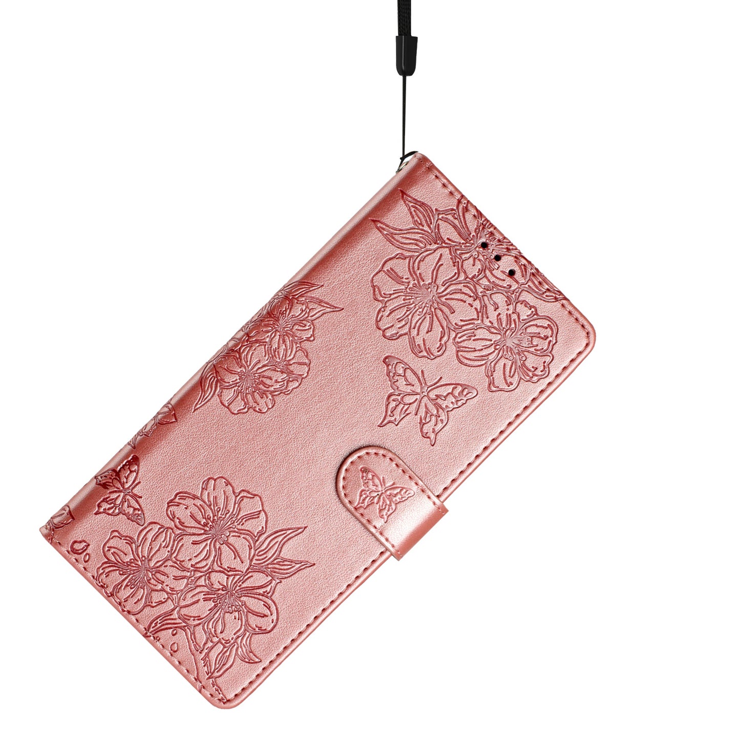 For Samsung Galaxy A06 Case Butterfly Flower Drop-Proof PU Leather Wallet Phone Cover - Rose Gold