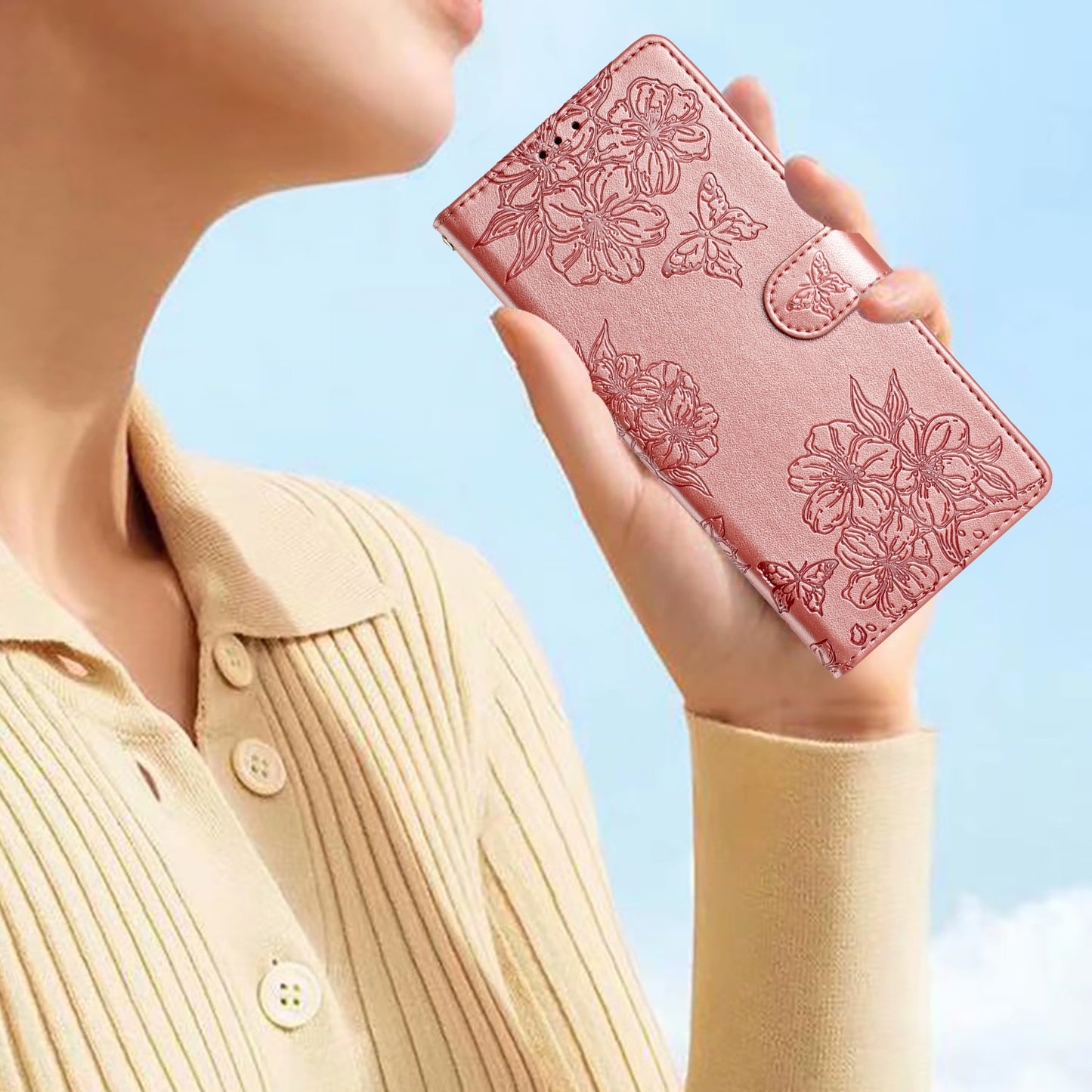 For Samsung Galaxy A06 Case Butterfly Flower Drop-Proof PU Leather Wallet Phone Cover - Rose Gold