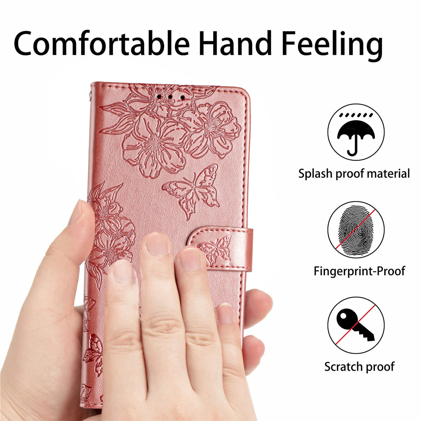 For Samsung Galaxy A06 Case Butterfly Flower Drop-Proof PU Leather Wallet Phone Cover - Rose Gold