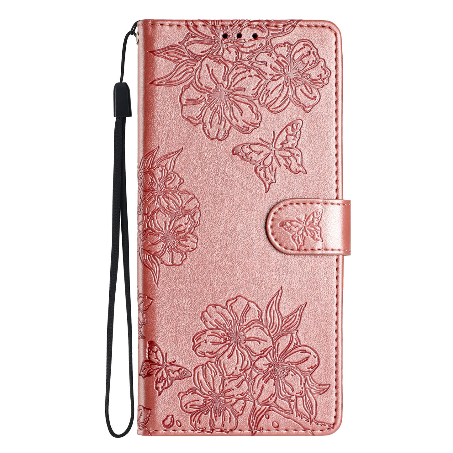 For Samsung Galaxy A06 Case Butterfly Flower Drop-Proof PU Leather Wallet Phone Cover - Rose Gold