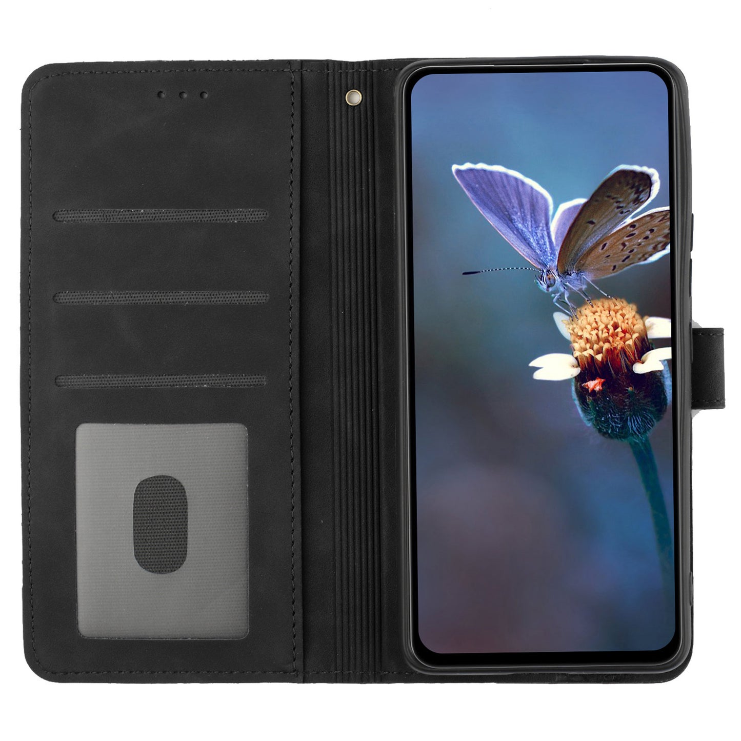 For Samsung Galaxy A06 Case Flower Design Leather Wallet Phone Cover with Wrist Strap - Black