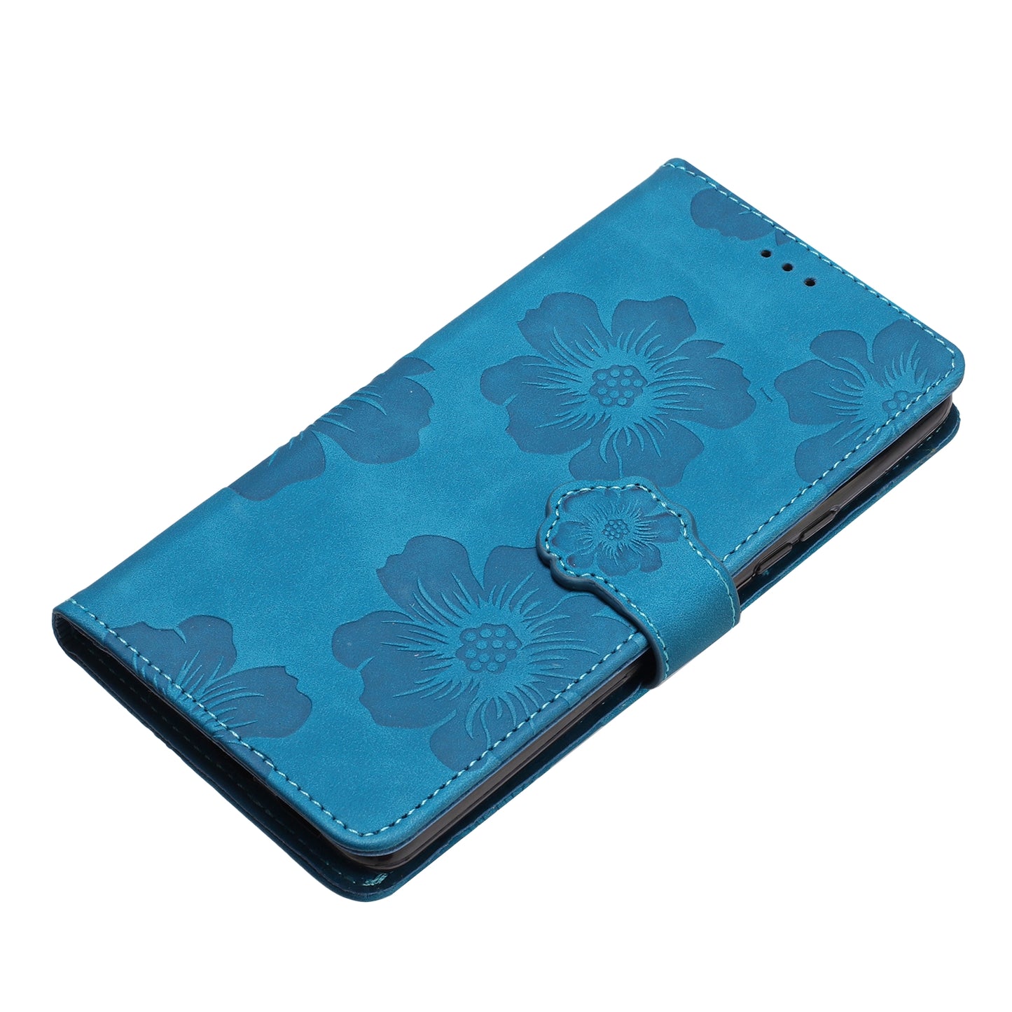 For Samsung Galaxy A06 Case Flower Design Leather Wallet Phone Cover with Wrist Strap - Blue