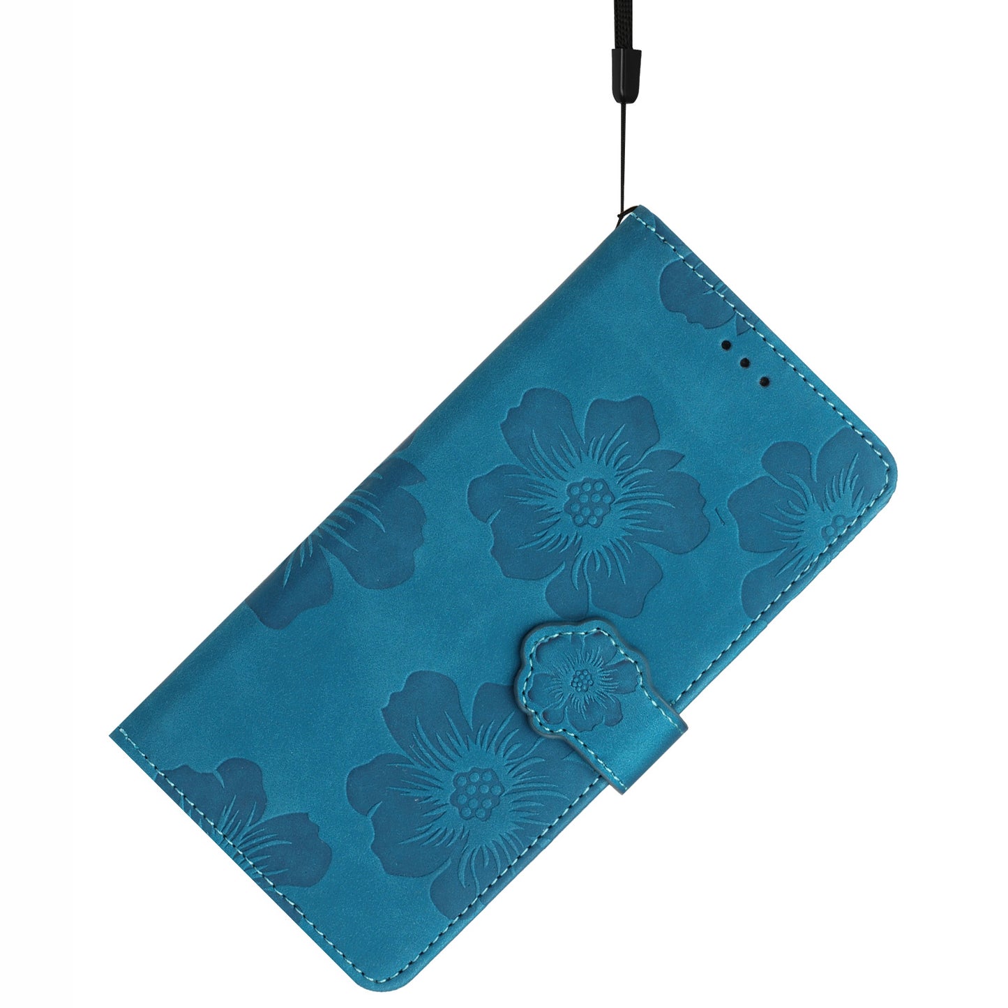 For Samsung Galaxy A06 Case Flower Design Leather Wallet Phone Cover with Wrist Strap - Blue