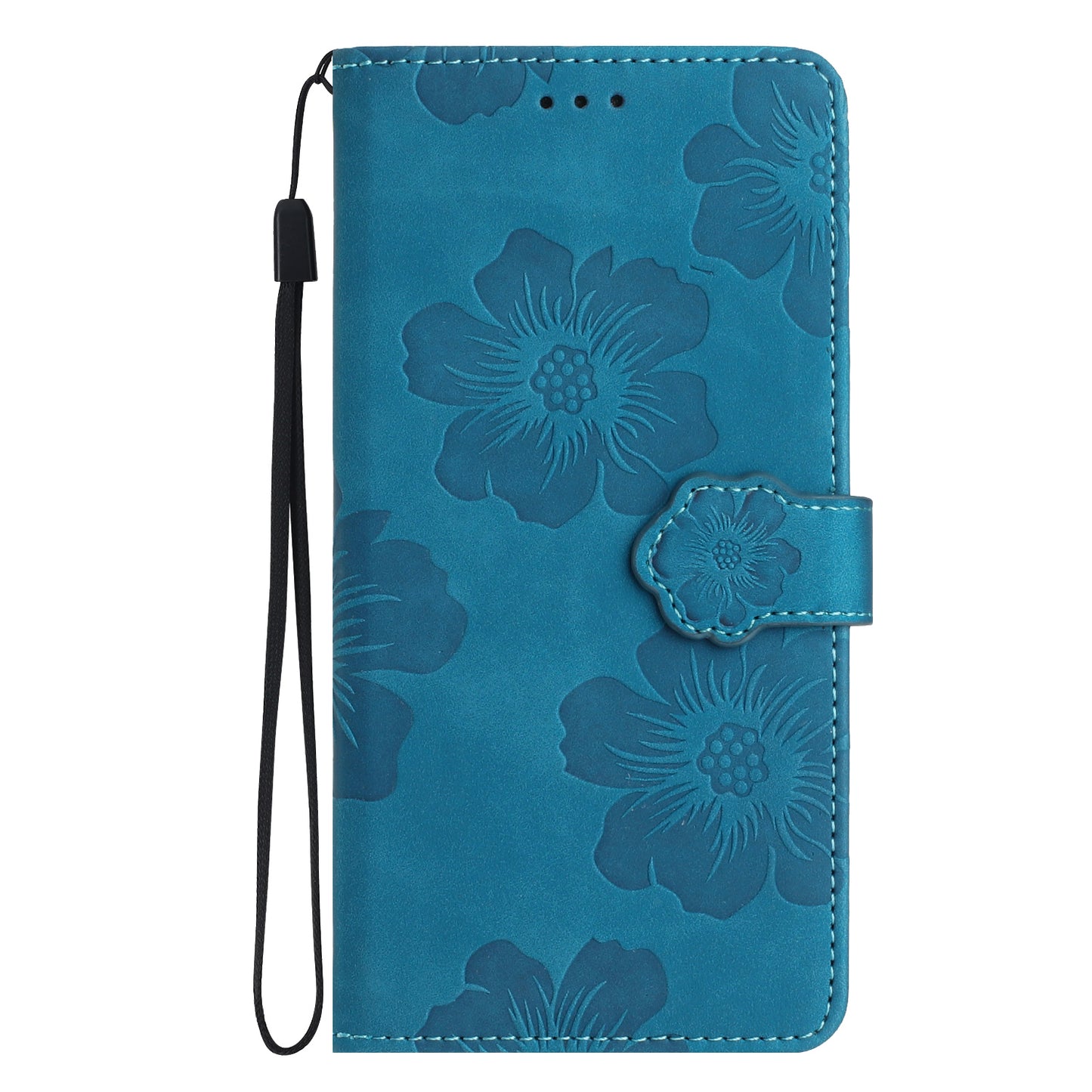 For Samsung Galaxy A06 Case Flower Design Leather Wallet Phone Cover with Wrist Strap - Blue