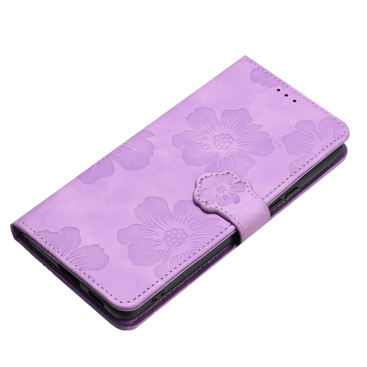 For Samsung Galaxy A06 Case Flower Design Leather Wallet Phone Cover with Wrist Strap - Purple