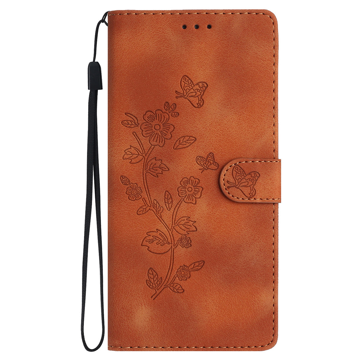 For Samsung Galaxy A06 Case Leather Imprinted Flower Phone Cover Wallet with Wrist Strap - Brown