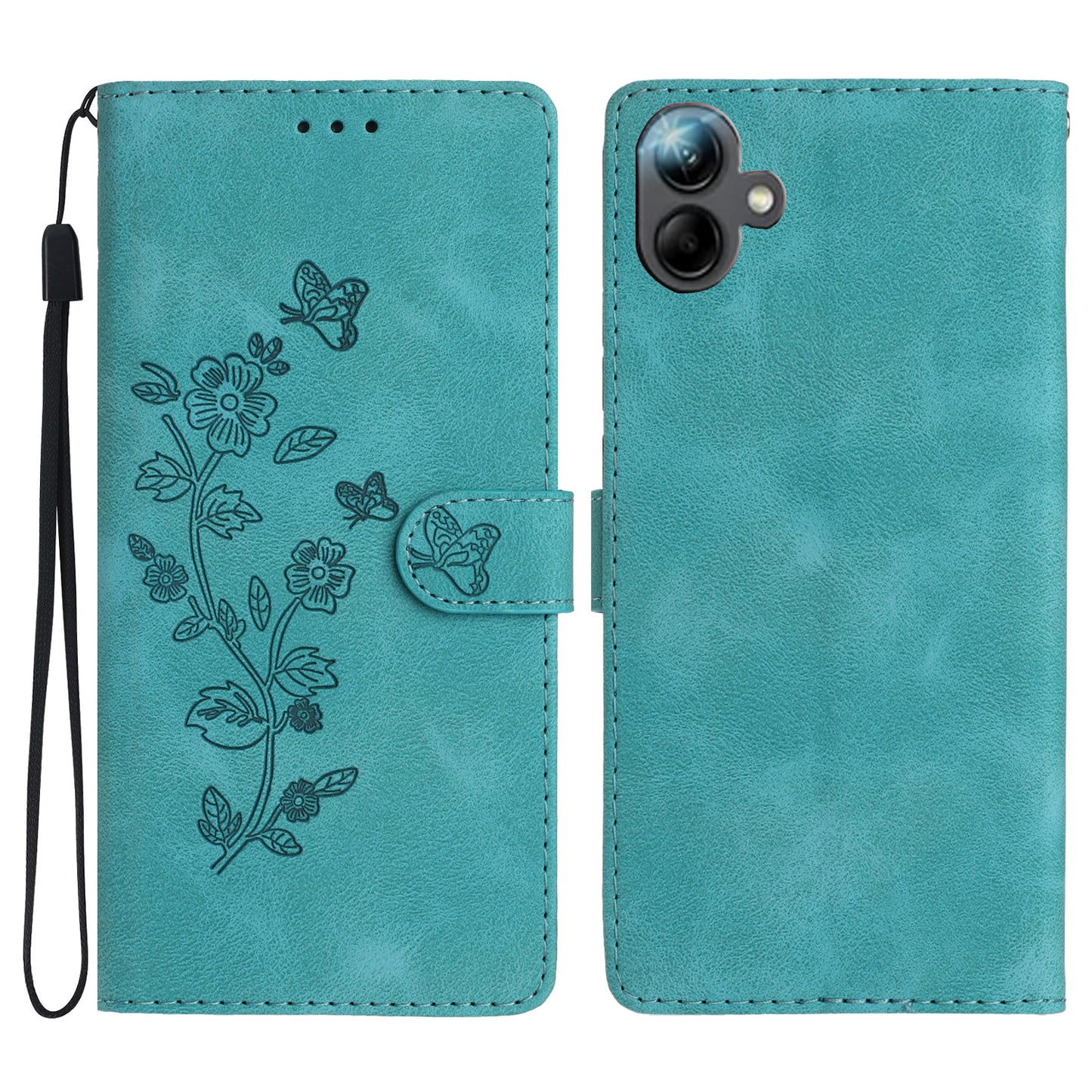 For Samsung Galaxy A06 Case Leather Imprinted Flower Phone Cover Wallet with Wrist Strap - Green