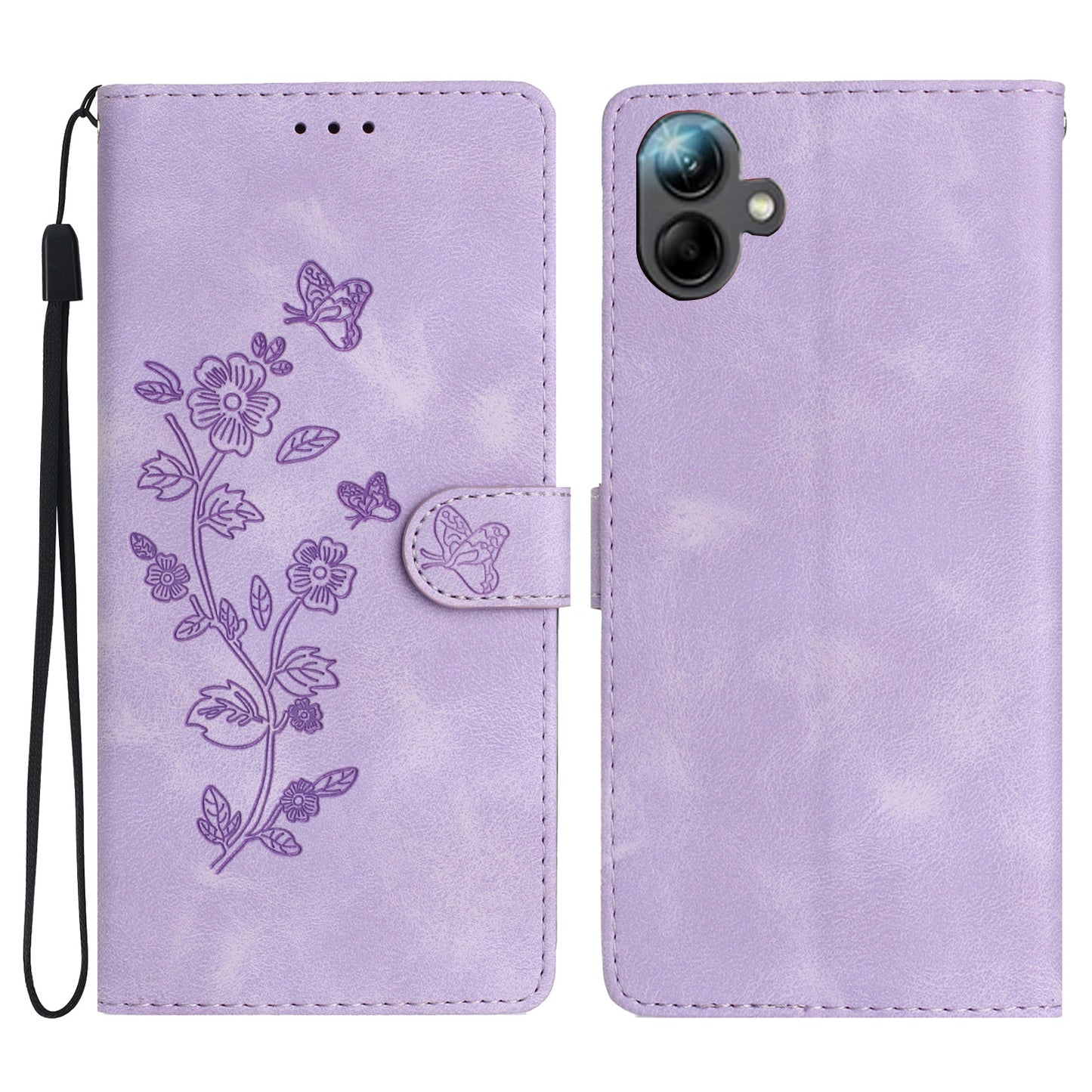 For Samsung Galaxy A06 Case Leather Imprinted Flower Phone Cover Wallet with Wrist Strap - Purple