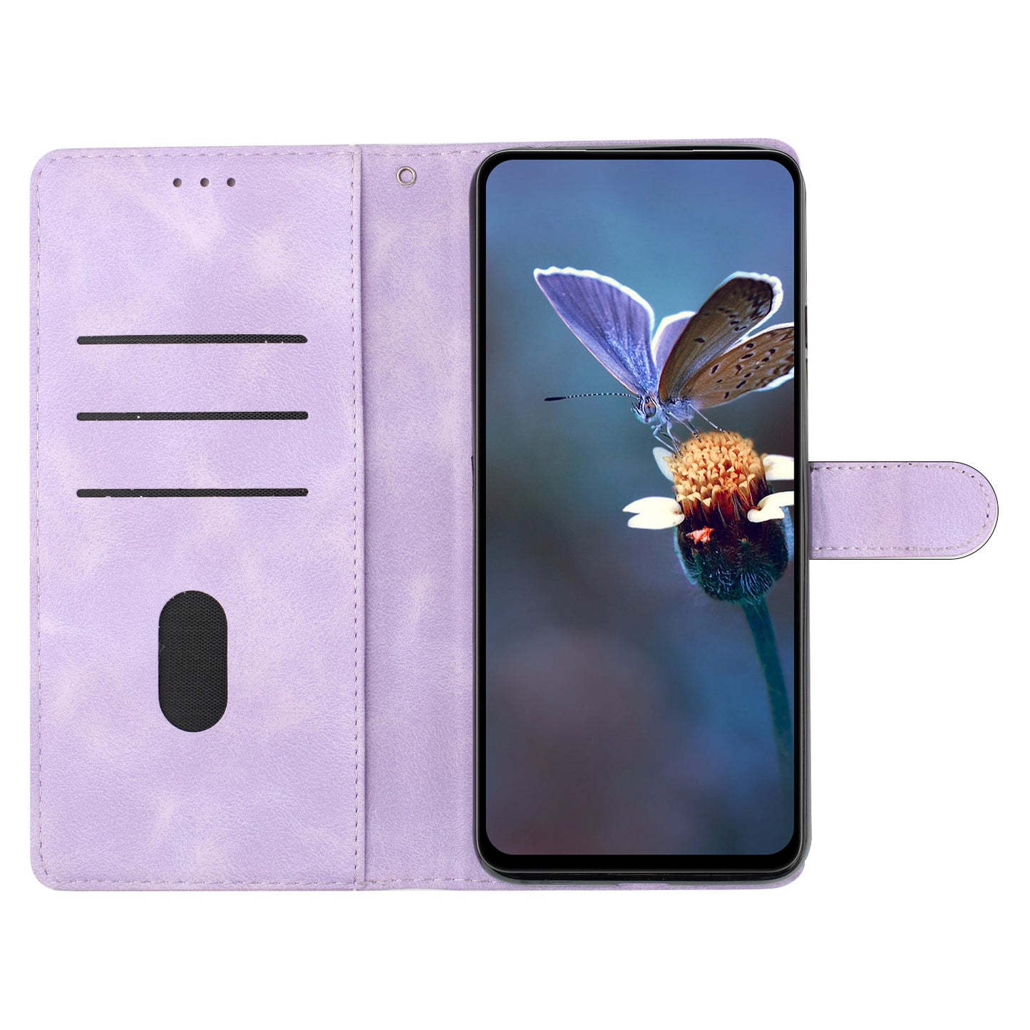 For Samsung Galaxy A06 Case Leather Imprinted Flower Phone Cover Wallet with Wrist Strap - Purple