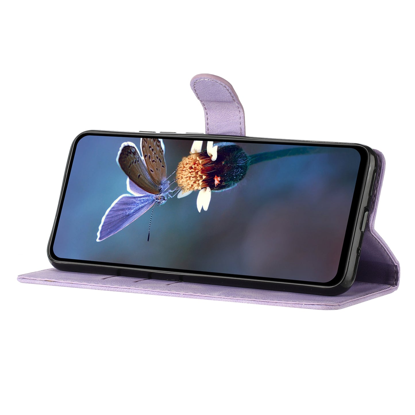 For Samsung Galaxy A06 Case Leather Imprinted Flower Phone Cover Wallet with Wrist Strap - Purple