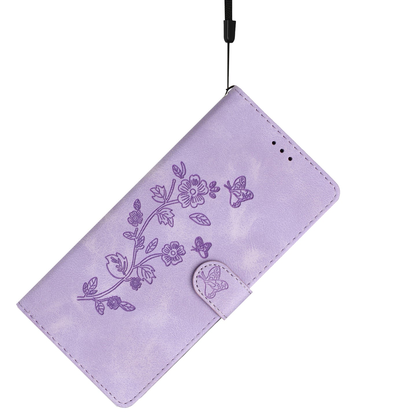 For Samsung Galaxy A06 Case Leather Imprinted Flower Phone Cover Wallet with Wrist Strap - Purple