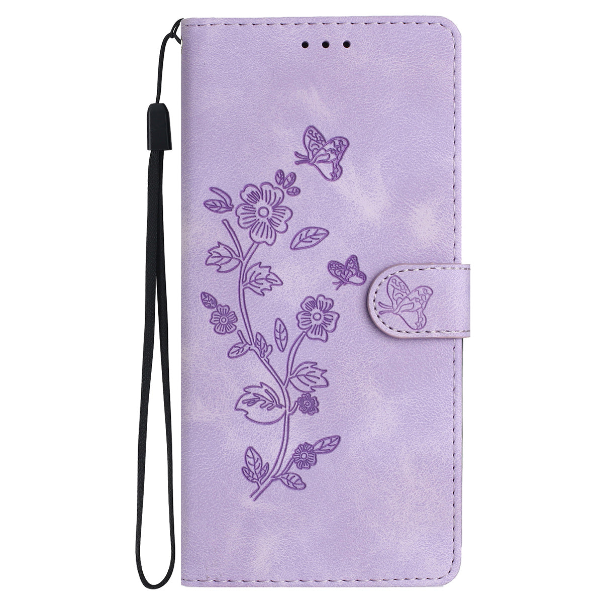 For Samsung Galaxy A06 Case Leather Imprinted Flower Phone Cover Wallet with Wrist Strap - Purple