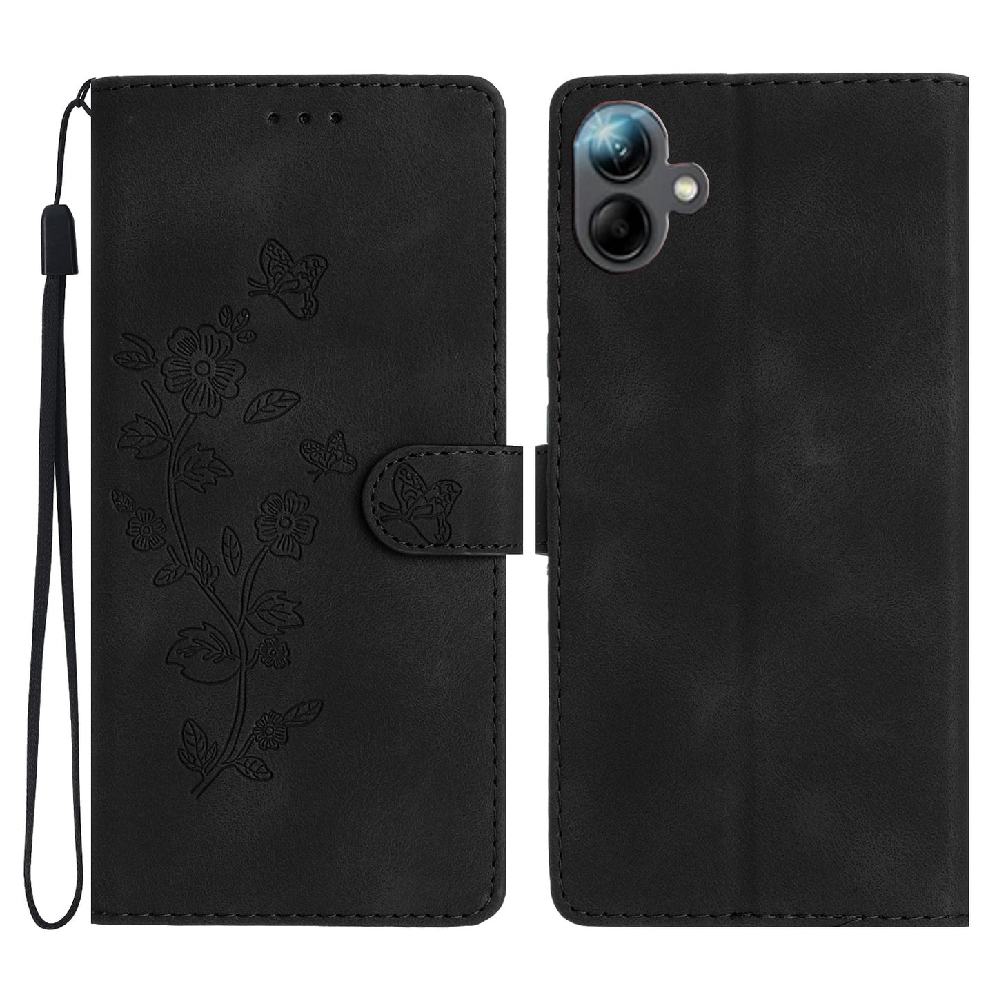 For Samsung Galaxy A06 Case Leather Imprinted Flower Phone Cover Wallet with Wrist Strap - Black