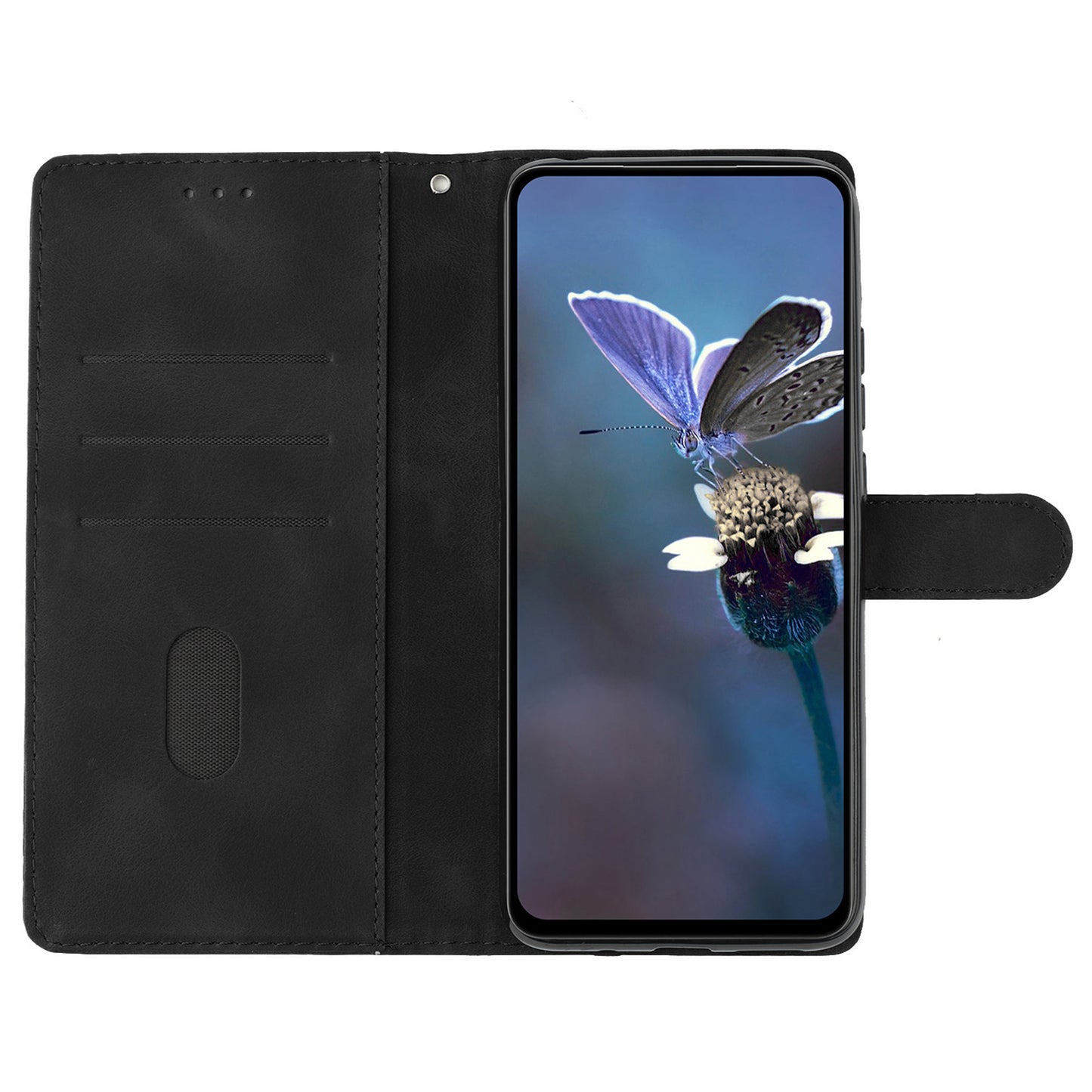 For Samsung Galaxy A06 Case Leather Imprinted Flower Phone Cover Wallet with Wrist Strap - Black