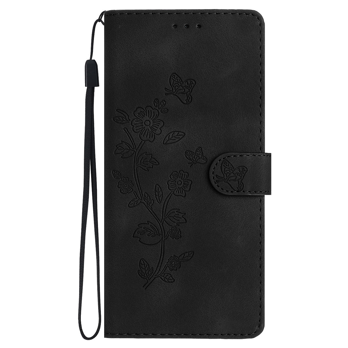 For Samsung Galaxy A06 Case Leather Imprinted Flower Phone Cover Wallet with Wrist Strap - Black