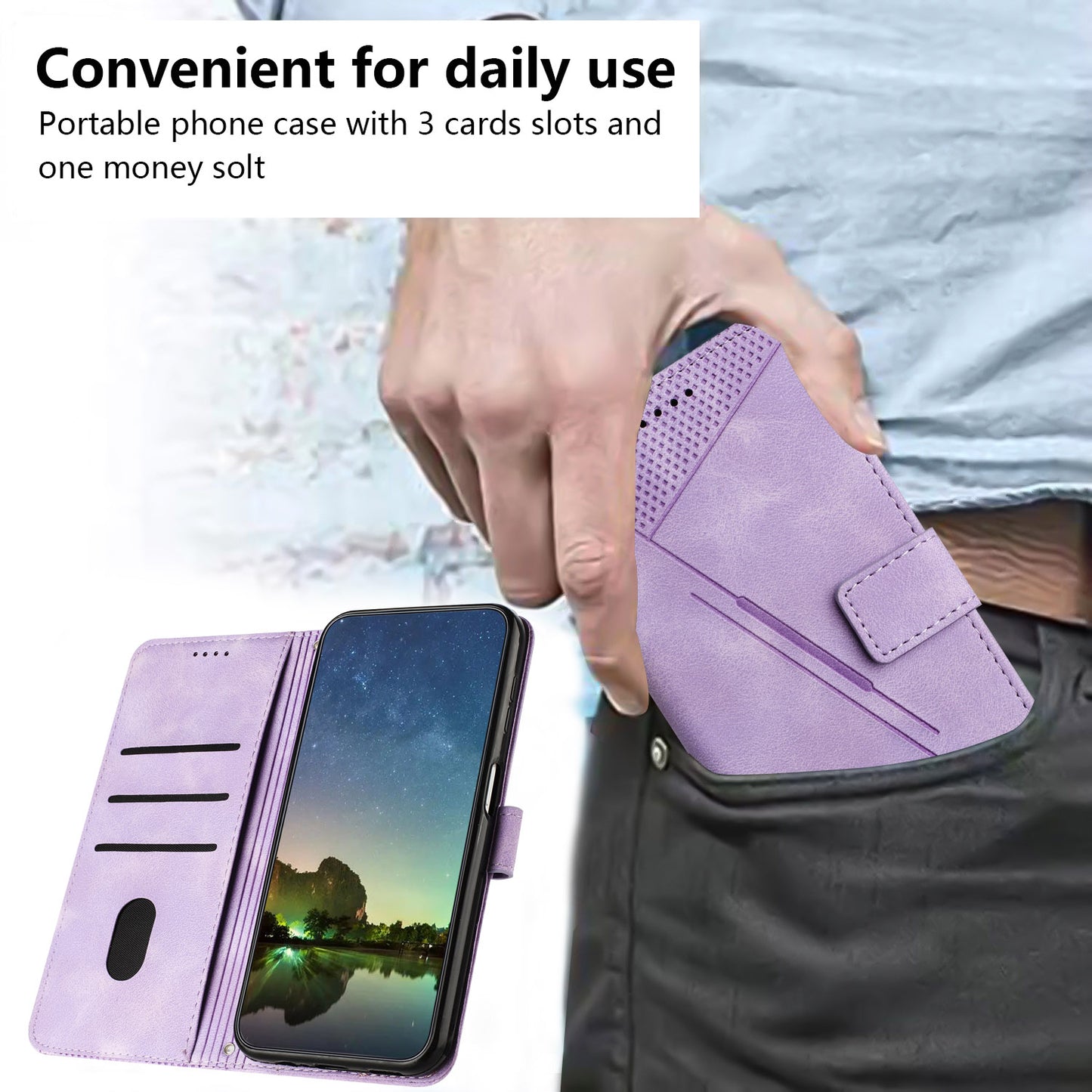 For Samsung Galaxy A06 Case Triangle Pattern Leather Phone Cover Wallet with Hand Strap - Purple