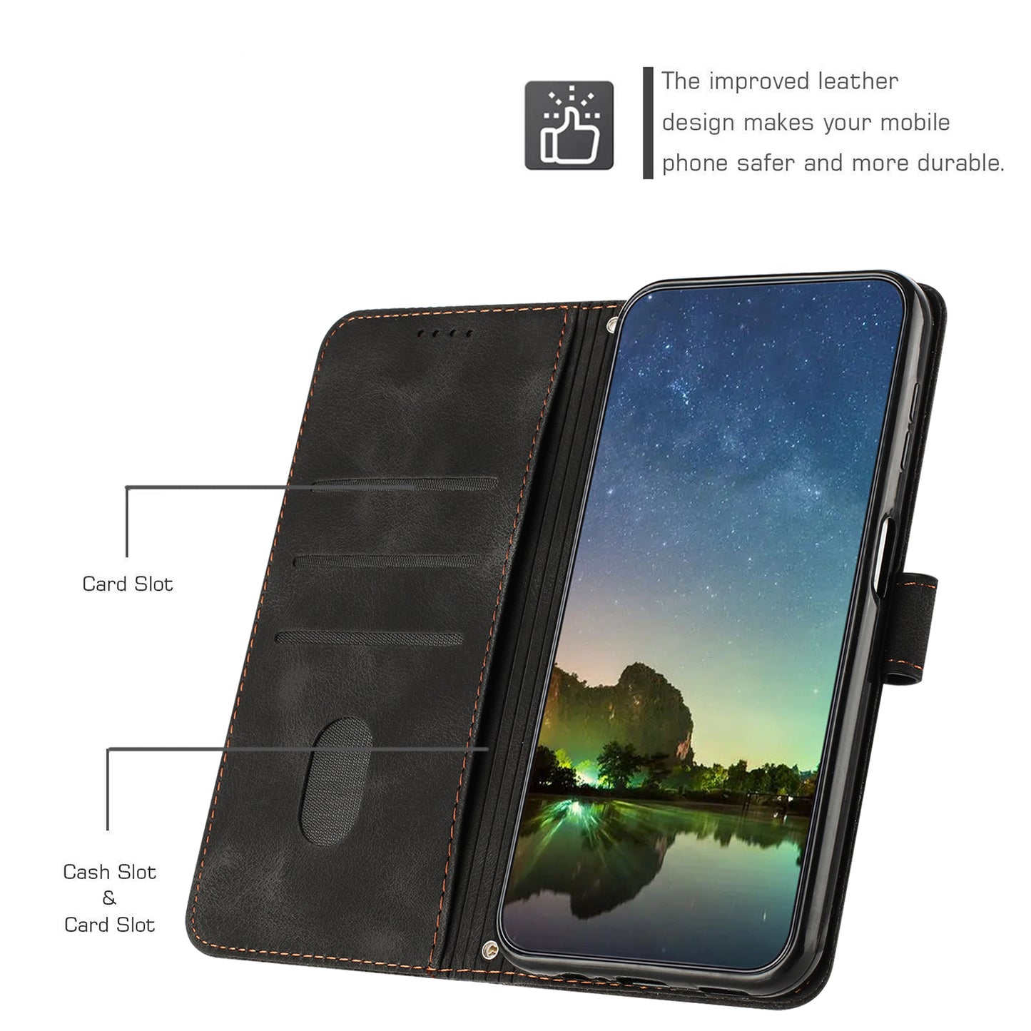 For Samsung Galaxy A06 Case Triangle Pattern Leather Phone Cover Wallet with Hand Strap - Black