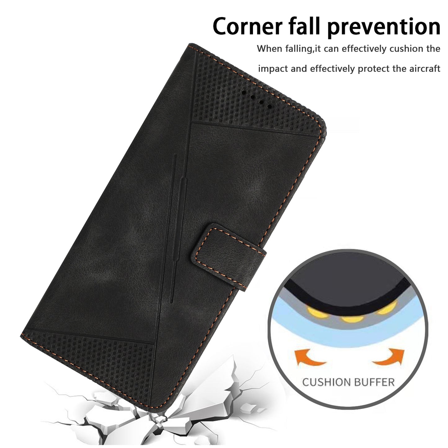 For Samsung Galaxy A06 Case Triangle Pattern Leather Phone Cover Wallet with Hand Strap - Black