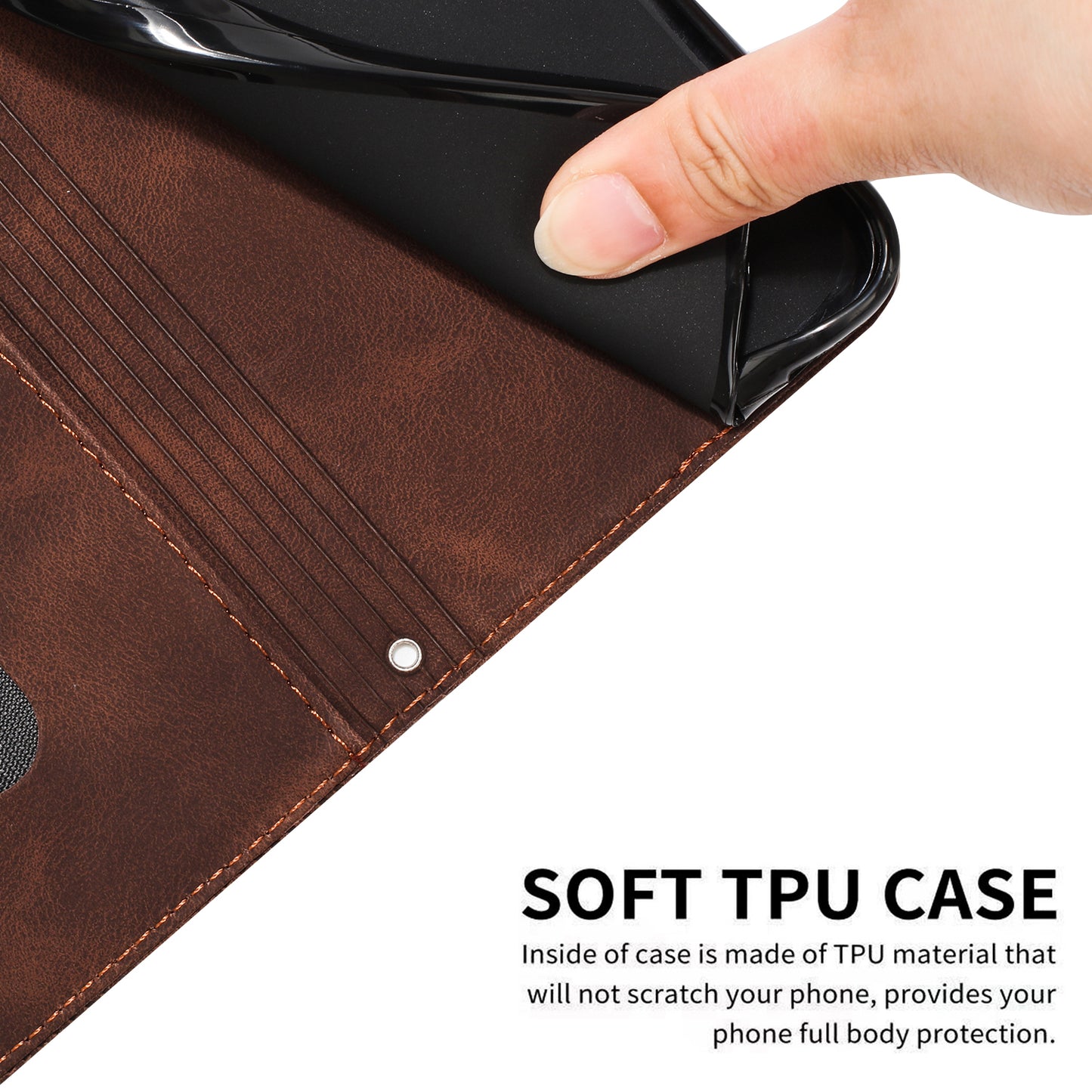 For Samsung Galaxy A06 Case Triangle Pattern Leather Phone Cover Wallet with Hand Strap - Brown