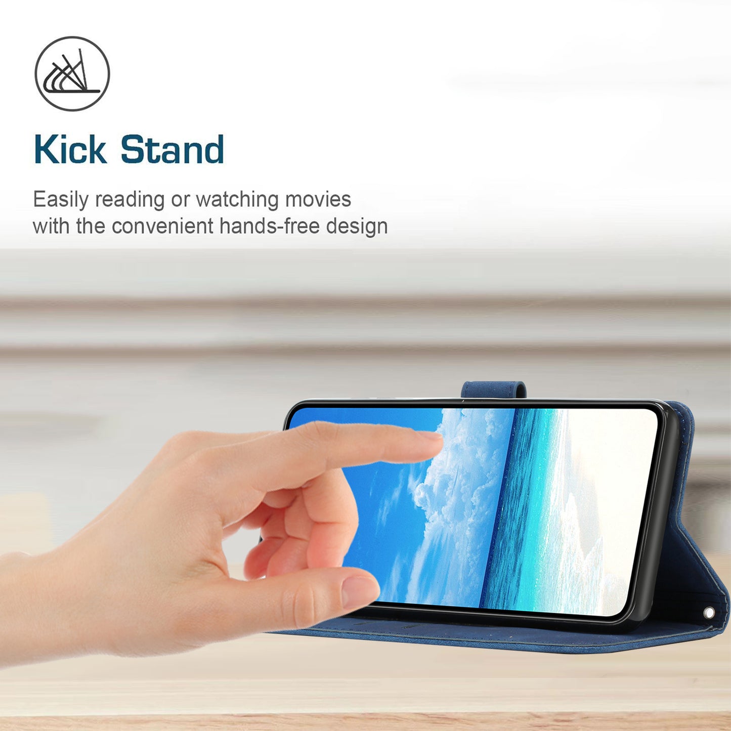 For Samsung Galaxy A06 Case Viewing Stand PU Leather Phone Cover Imprinted Pattern - Blue