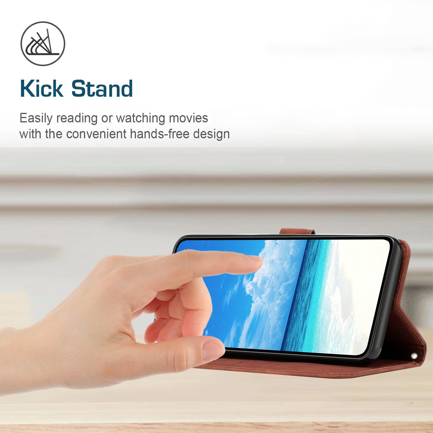 For Samsung Galaxy A06 Case Viewing Stand PU Leather Phone Cover Imprinted Pattern - Brown