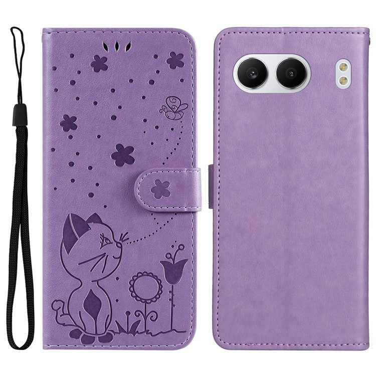KT Imprinting Flower Series-4 For OnePlus Nord 4 Case Cat Bee Pattern Flip Leather Phone Cover - Light Purple