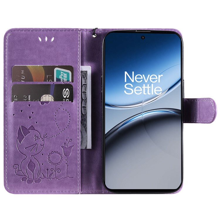 KT Imprinting Flower Series-4 For OnePlus Nord 4 Case Cat Bee Pattern Flip Leather Phone Cover - Light Purple