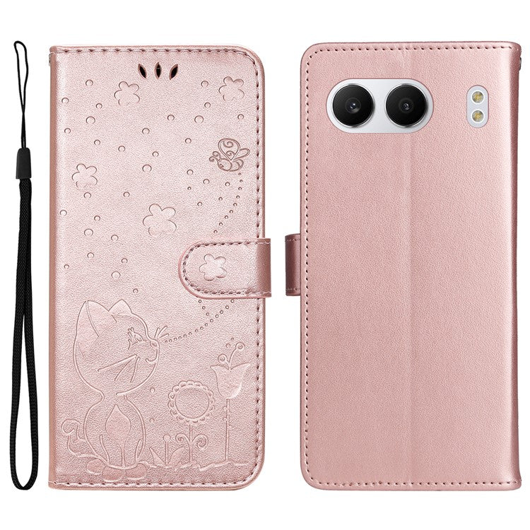 KT Imprinting Flower Series-4 For OnePlus Nord 4 Case Cat Bee Pattern Flip Leather Phone Cover - Rose Gold