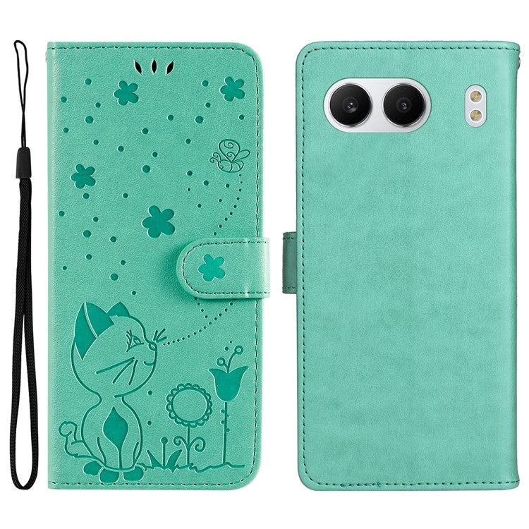 KT Imprinting Flower Series-4 For OnePlus Nord 4 Case Cat Bee Pattern Flip Leather Phone Cover - Green