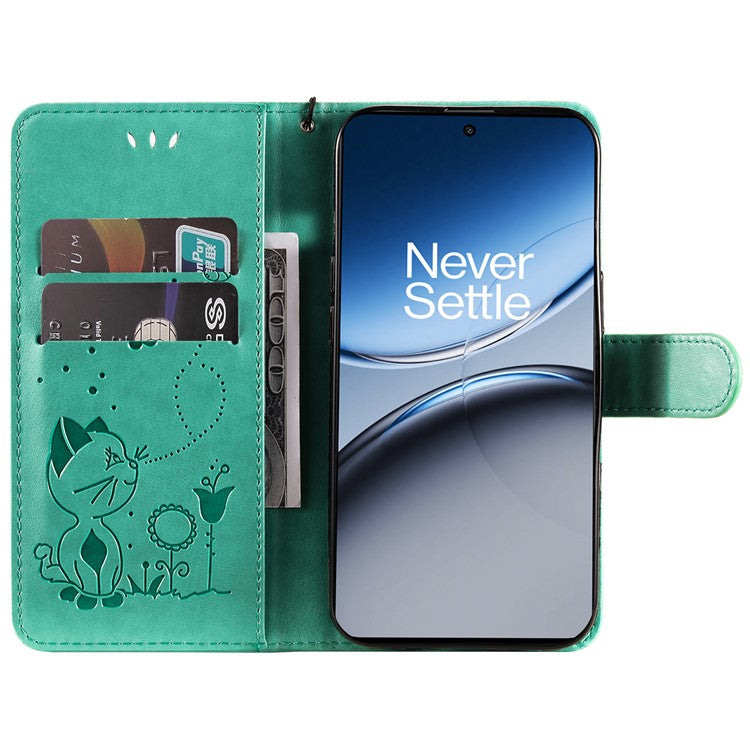 KT Imprinting Flower Series-4 For OnePlus Nord 4 Case Cat Bee Pattern Flip Leather Phone Cover - Green