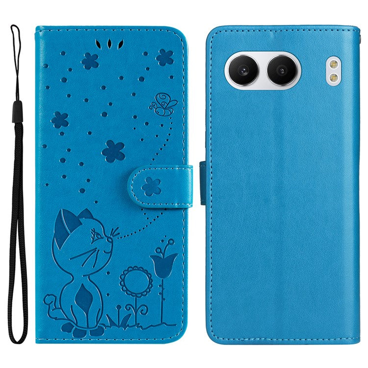 KT Imprinting Flower Series-4 For OnePlus Nord 4 Case Cat Bee Pattern Flip Leather Phone Cover - Blue