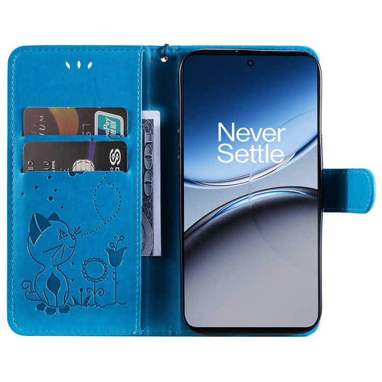 KT Imprinting Flower Series-4 For OnePlus Nord 4 Case Cat Bee Pattern Flip Leather Phone Cover - Blue