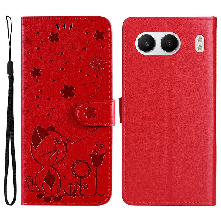 KT Imprinting Flower Series-4 For OnePlus Nord 4 Case Cat Bee Pattern Flip Leather Phone Cover - Red