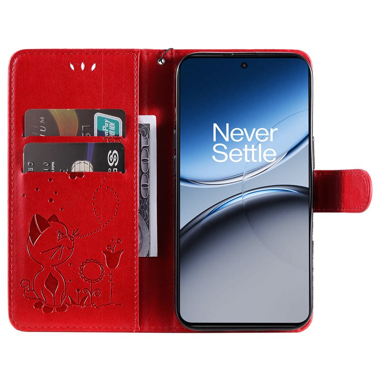 KT Imprinting Flower Series-4 For OnePlus Nord 4 Case Cat Bee Pattern Flip Leather Phone Cover - Red