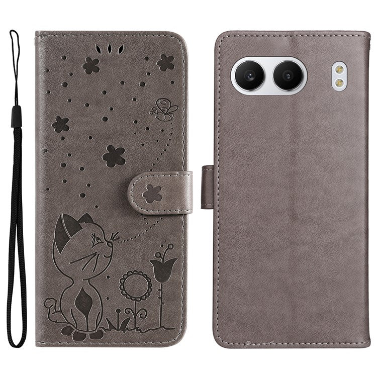 KT Imprinting Flower Series-4 For OnePlus Nord 4 Case Cat Bee Pattern Flip Leather Phone Cover - Grey