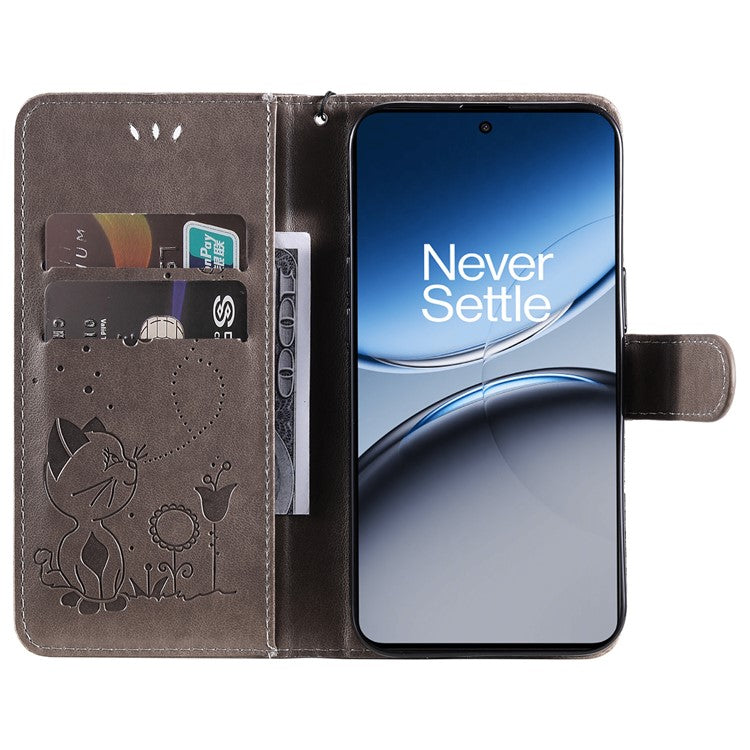 KT Imprinting Flower Series-4 For OnePlus Nord 4 Case Cat Bee Pattern Flip Leather Phone Cover - Grey