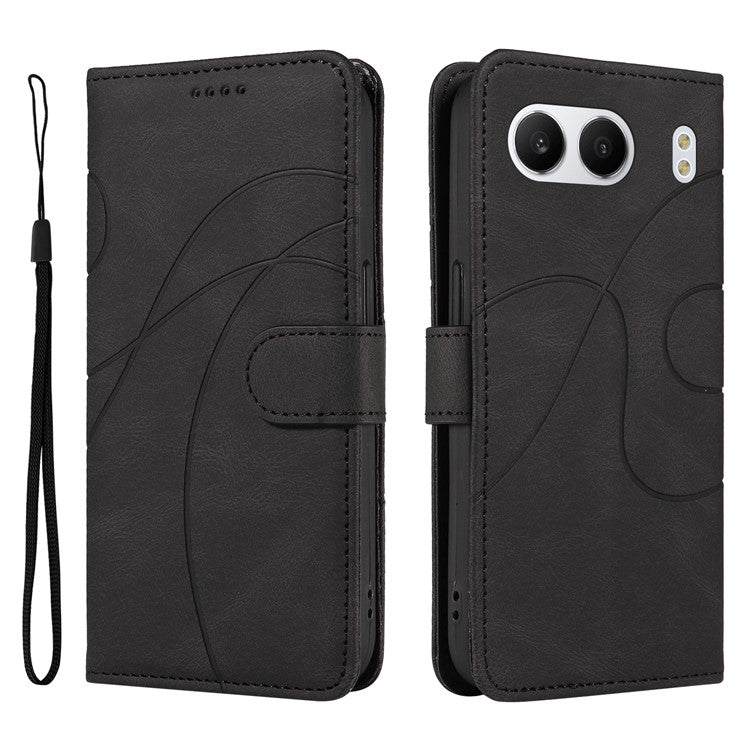 For OnePlus Nord 4 Case Stand Wallet Leather Phone Cover Curved Line Wrist Strap - Black