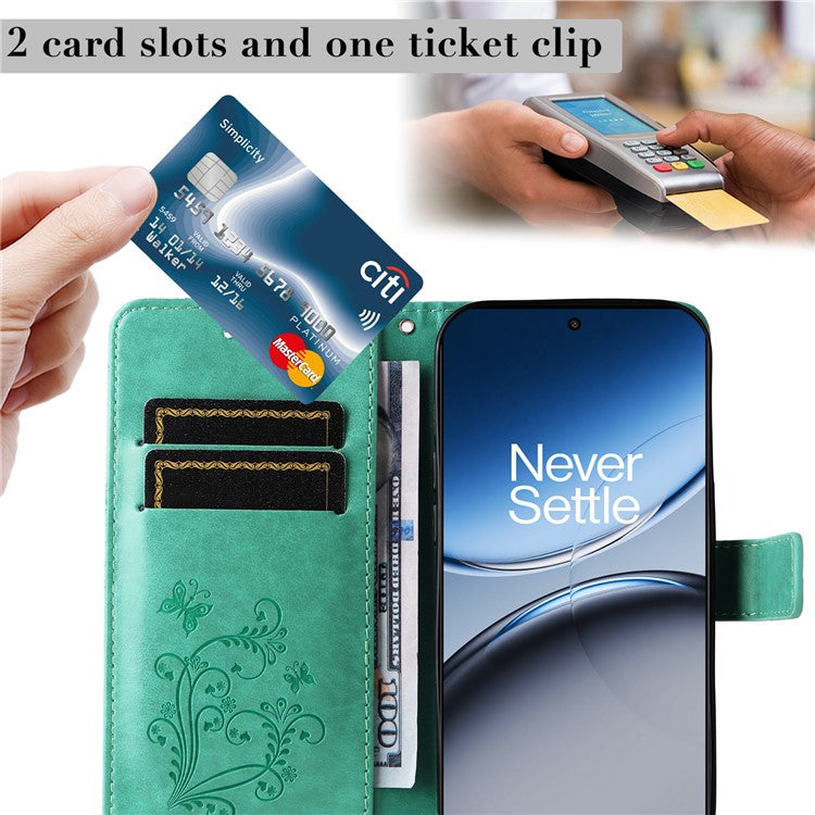 KT Imprinting Flower Series-2 For OnePlus Nord 4 Case Floral Butterfly Leather Wallet Phone Cover - Green