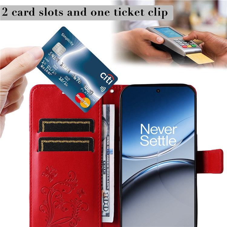 KT Imprinting Flower Series-2 For OnePlus Nord 4 Case Floral Butterfly Leather Wallet Phone Cover - Red