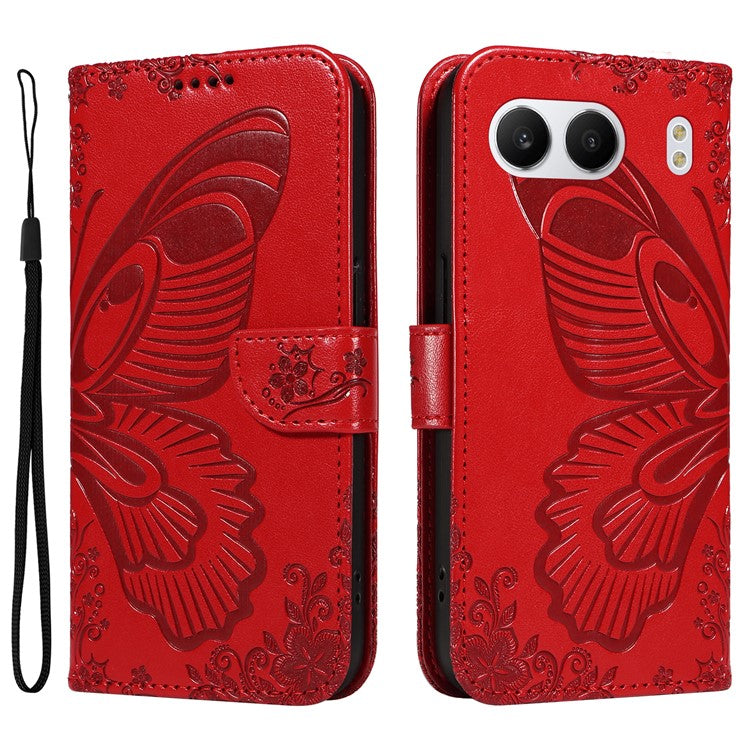 For OnePlus Nord 4 Case Butterfly Pattern Leather Wallet Flip Phone Cover - Red