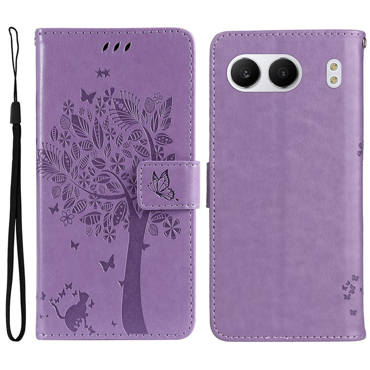 KT Imprinting Flower Series-3 For OnePlus Nord 4 Case Cat Tree Pattern Flip Leather Phone Cover - Light Purple